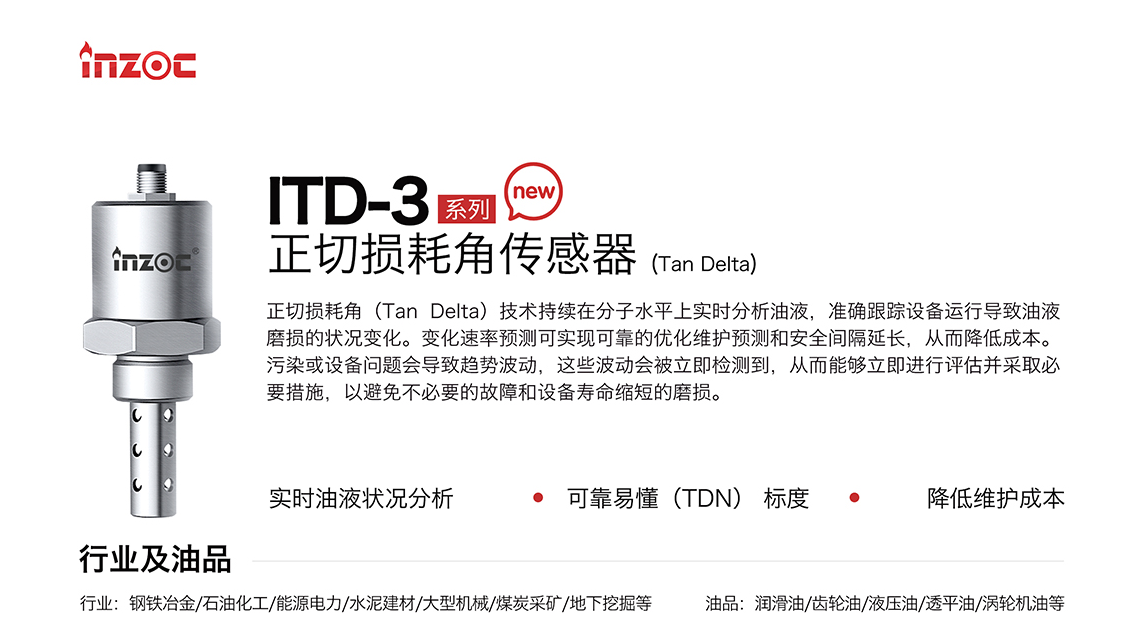 ITD-3 系列油液正切损耗角(Tan Delta)传感器技术持续在分子水平上实时分析油液，准确跟踪设备运行导致油液磨损的状况变化。变化速率预测可实现可靠的优化维护预测和安全间隔延长，从而降低成本。污染或设备问题会导致趋势波动，这些波动会被立即检测到，从而能够立即进行评估并采取必要措施，以避免不必要的故障和设备寿命缩短的磨损。应用行业：钢铁冶金/石油化工/能源电力/水泥建材/大型机械/煤炭采矿/地下挖掘等，适用油品:润滑油/齿轮油/液压油/透平油/涡轮机油等。