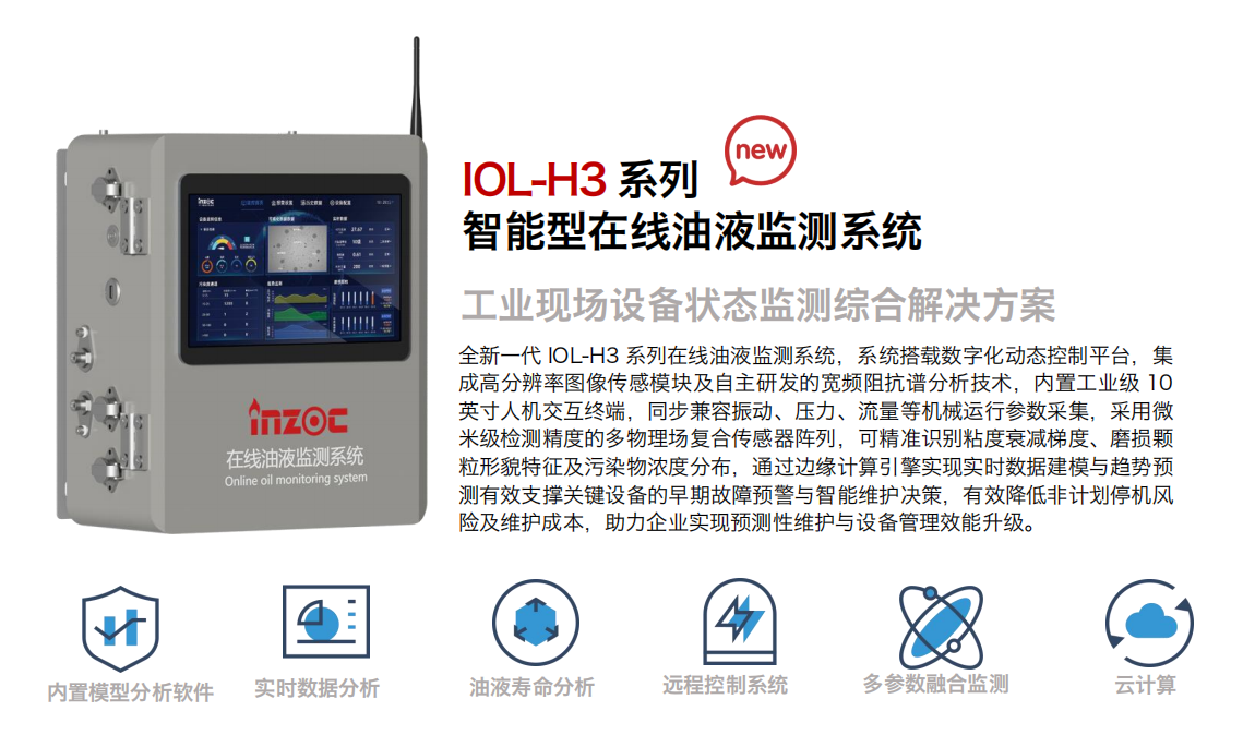 IOL-H3系列智能型在线油液监测系统-工业现场设备状态监测综合解决方案图1 全新一代 IOL-H3 系列在线油液监测系统，系统搭载数字化动态控制平台，集成高分辨率图像传感模块及自主研发的宽频阻抗谱分析技术，内置工业级 10英寸人机交互终端，同步兼容振动、压力、流量等机械运行参数采集，采用微米级检测精度的多物理场复合传感器阵列，可精准识别粘度衰减梯度、磨损颗粒形貌特征及污染物浓度分布，通过边缘计算引擎实现实时数据建模与趋势预测有效支撑关键设备的早期故障预警与智能维护决策，有效降低非计划停机风险及维护成本，助力企业实现预测性维护与设备管理效能升级。